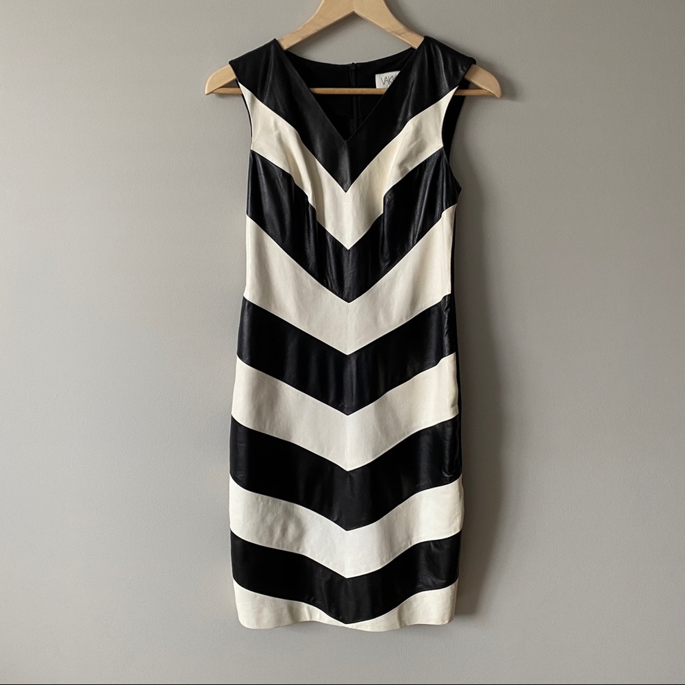 Neiman Marcus Vakko real leather chevron black and cream dress